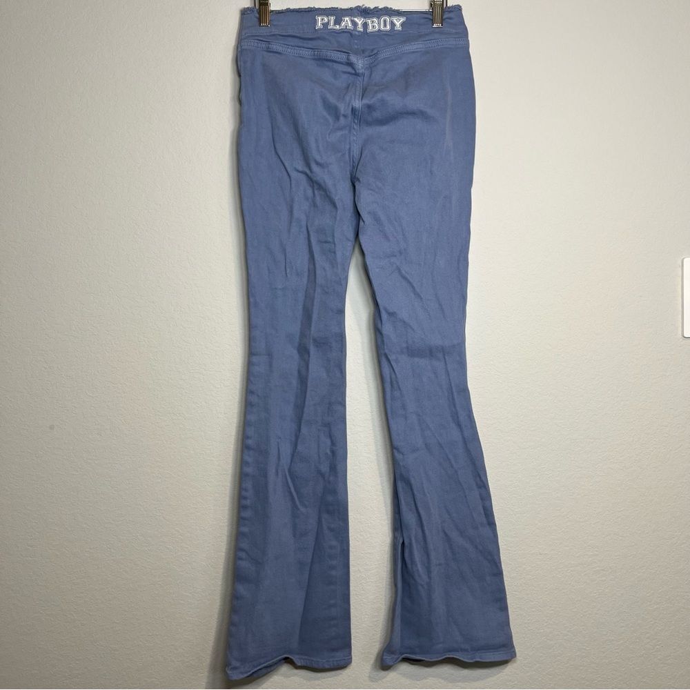 Playboy Women's Sz 27 Blue and Purple Flare low-rise raw hem Jeans logo Boho Y2K